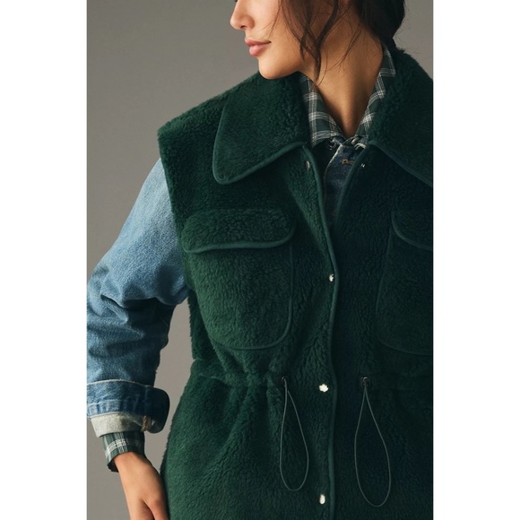 By ANTHROPOLOGIE Cozy Cinched Faux Shearling Vest Green Fleece Outdoors X-Small - Picture 6 of 15